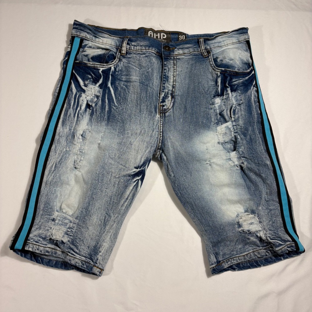 AHP Another Hype Piece Denim Shorts Distressed Ripped Blue Side Stripe Size 38